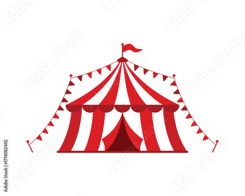 Classic red and white striped circus tent with flags