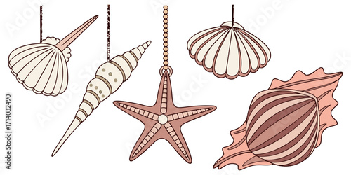 Create a highly realistic, high-resolution image of a collection of assorted sea shells suspended in mid-air or artistically arranged on a clean white background. Include a variety of shell types such
