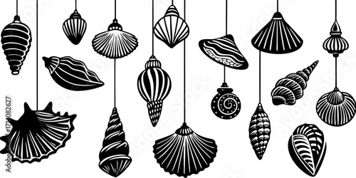 Create a highly realistic, high-resolution image of a collection of assorted sea shells suspended in mid-air or artistically arranged on a clean white background. Include a variety of shell types such