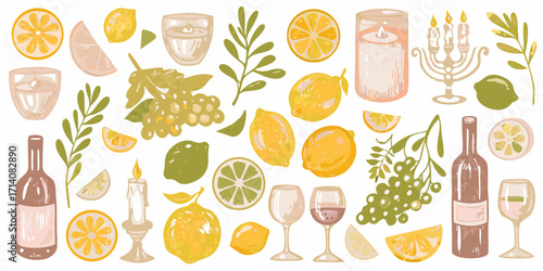 A charming collection of hand drawn citrus fruits grapes wine bottles and candles in a rustic style