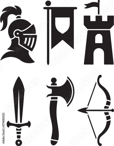 Medieval knight armor, castle, sword, axe, bow