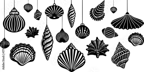 Create a highly realistic, high-resolution image of a collection of assorted sea shells suspended in mid-air or artistically arranged on a clean white background. Include a variety of shell types such