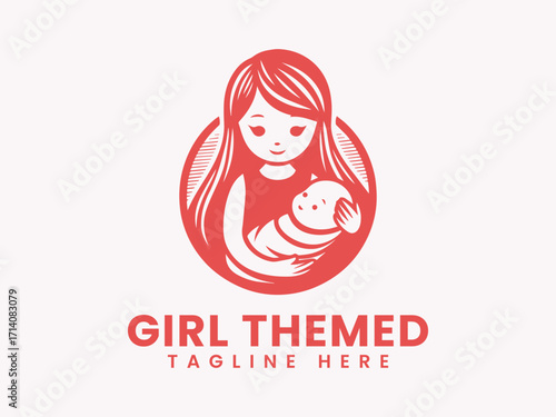Red Monochromatic Illustration of Girl Tenderly Holding Baby.