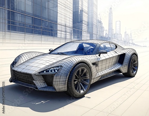 Futuristic car design sketch in urban setting
