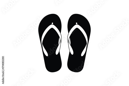 Simple black flip flops with white straps on a white background