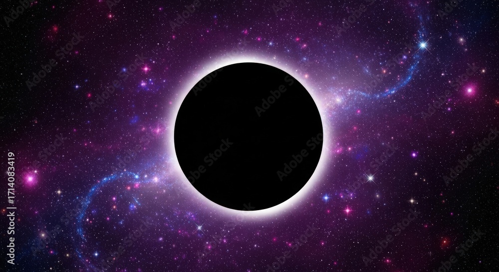Fototapeta premium A cosmic black hole image featuring a dark void surrounded by vibrant purple nebulae and twinkling