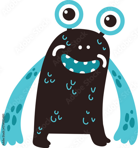 Cute black and turquoise monster character with stalk eyes and a wide toothy smile.