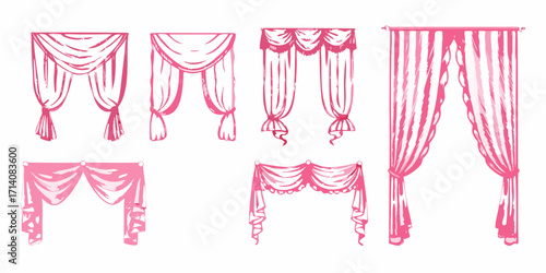 Collection of hand drawn pink drapery and curtain styles with elegant swags and pleats