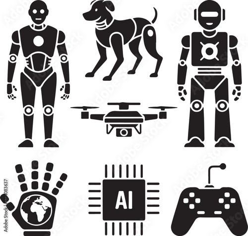 Robots, drone, AI chip, dog, controller, hand globe