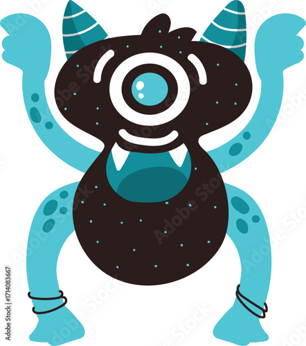 Whimsical OneEyed Blue Monster with Dark Spots and Sharp Teeth.