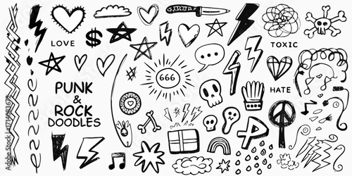 Collection of hand drawn punk rock doodle elements including skulls hearts lightning bolts stars and peace signs