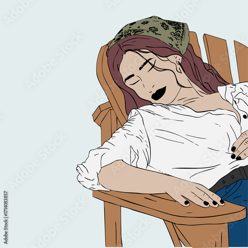 A captivating vector illustration of a young woman resting in a wooden chair, exuding a sense of tranquility and style.