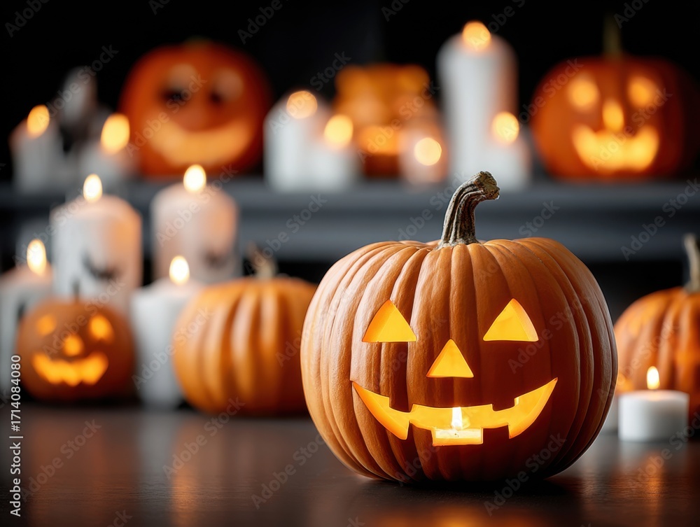 Fototapeta premium A festive Halloween scene with a glowing jack-o'-lantern, blurred pumpkins, and flickering candles.