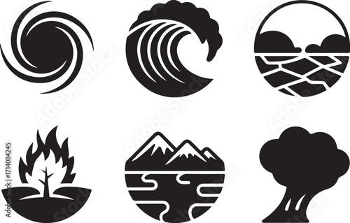 Natural disaster icons: storm, wave, desert, fire, mountains, tree