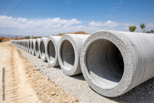 Wallpaper Mural A long line of large concrete pipes on gravel next to a dirt road, under a blue sky, prepared for construction. Torontodigital.ca