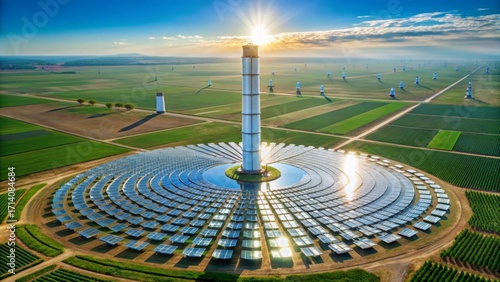 Aerial View of a Solar Power Plant with a Central Tower at Sunset