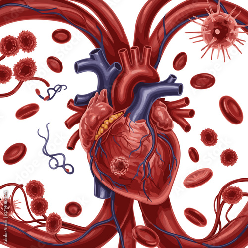 Detailed anatomical illustration of a human heart with blood cells and virus for medical education