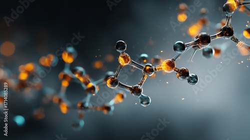 Molecular Chain with Glowing Orange Reactive Sites and Spherical Atoms connected by Bonds on Blurred Background representing Chemical Structure, Energy Transfer, and Organic Interaction