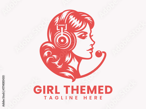 Stylized Womans Profile with Headphones and Microphone in Coral Red.