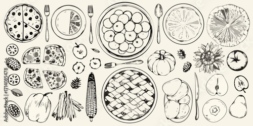 Hand drawn sketch of a variety of food items and utensils arranged artistically on a light background
