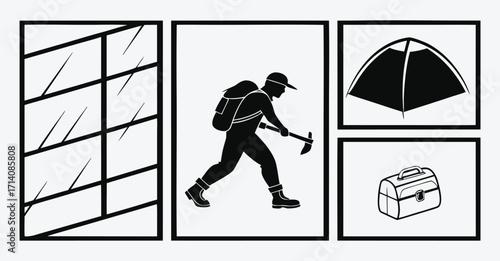 Black and white illustration of camping and hiking gear elements