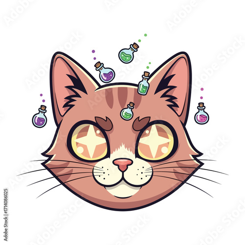 Whimsical Cat Potion Maker: A charming illustration of a cat with starry eyes surrounded by bubbling potion bottles, creating a magical and enchanting scene.