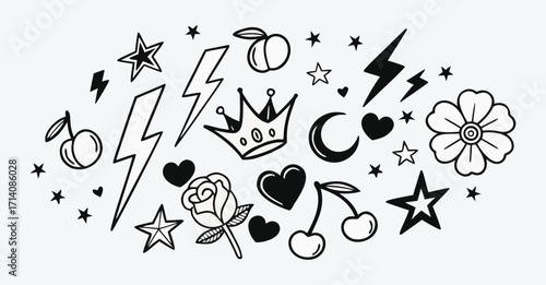 Doodle illustration of various symbols like stars, hearts, lightning, and fruit