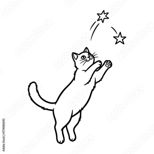 Cat with Star: A playful cat in a clean, minimalist style reaches for stars, evoking a sense of wonder and joyful curiosity.