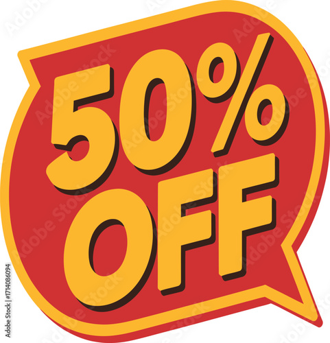 Grab attention with a vibrant 50% OFF sale badge, perfect for advertising discounts and promotions, ideal for retail and e-commerce.