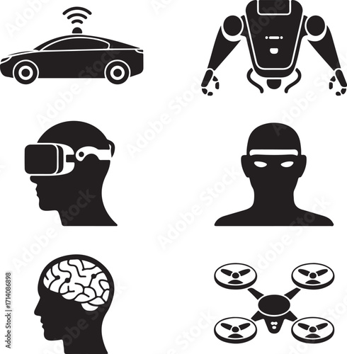 Modern tech icons: AI, VR, drone, robot, driverless car
