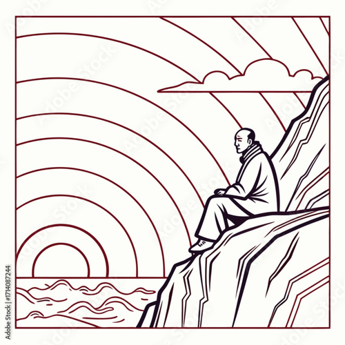 Minimilist man sitting on a cliff overlooking the sea with a sunset and cloud in a stylized line drawing style vector