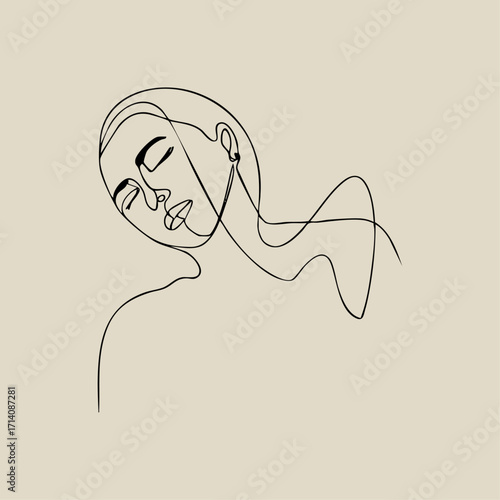A minimalist one-line drawing of a woman's face in a tranquil, dreamy expression.