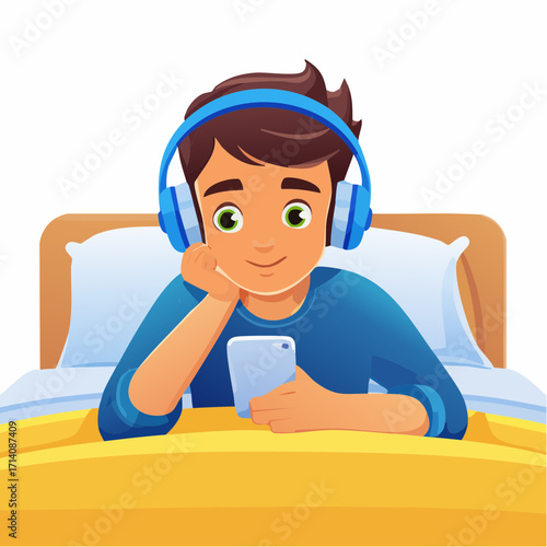 Caucasian teenage boy lying on bed using smartphone wearing headphones showing signs of gadget addiction focusing intently on screen with hand supporting chin 
