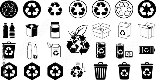 Recycle icon vector set. Recyclable materials illustration sign collection. Trash symbol. Eco logo. Recycle button web icons set. Ecology symbols.