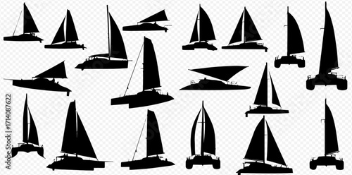 A diverse collection of black sailboat and catamaran silhouettes, showcasing various designs and views of sailing vessels for water recreation.