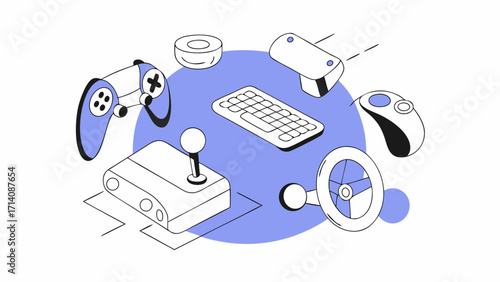vr game joystick glasses web with flying blue video steering computer banner keyboard gamer wheel abstract electronic render gamepad with 3d and controller devices background 69921250 1