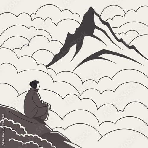 Minimilist person meditating on a cliff overlooking a mountain peak surrounded by stylized clouds in monochrome art vector