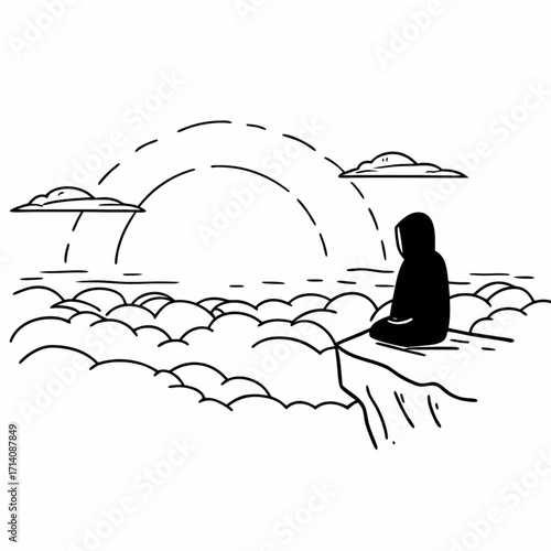 Minimilist person in a hood sitting on a cliff edge overlooking clouds with a partial sun in a minimalist style vector