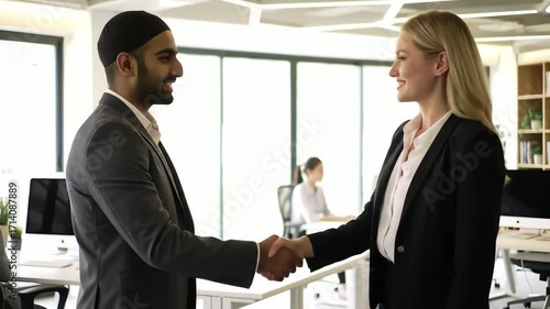 Wallpaper Mural Diverse Business Professionals Seal Deal with Firm Handshake in Modern Office Setting. Torontodigital.ca