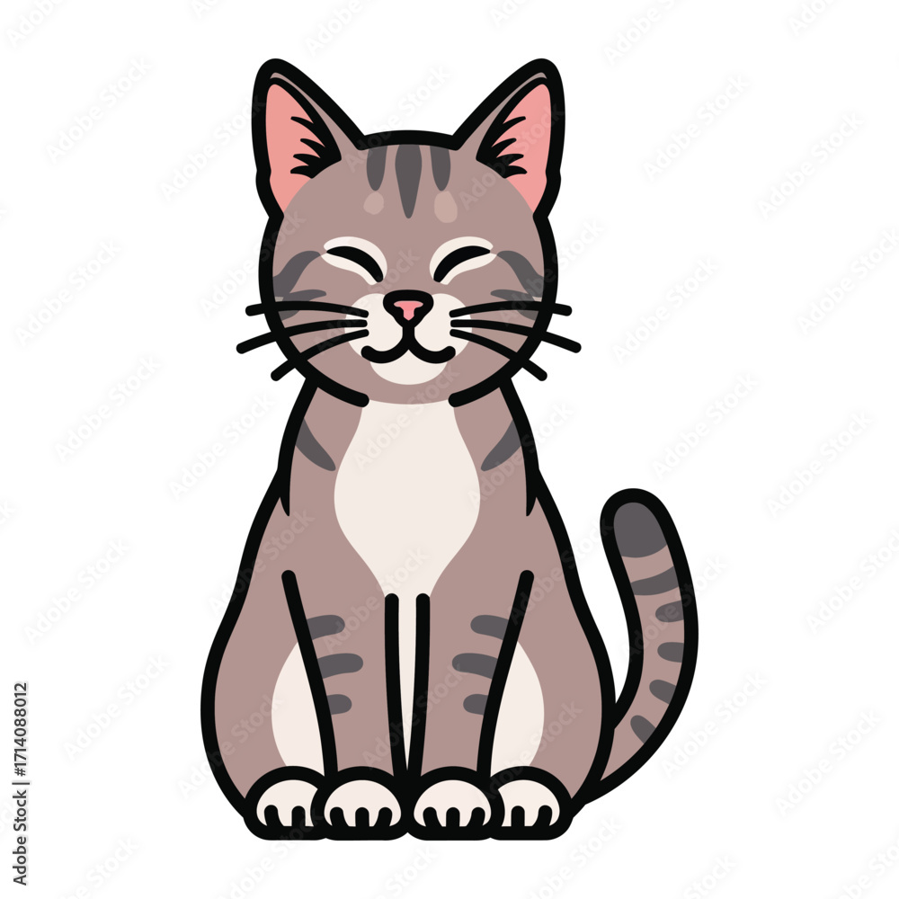 Obraz premium Smiling Cat: A charming illustration of a content cat, sitting upright with a serene expression, embodying the essence of feline joy and companionship.
