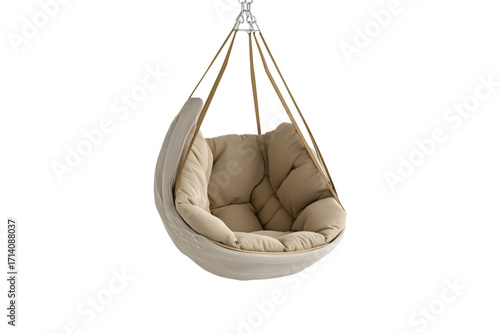 Cozy hanging chair with soft cushions in neutral color  on a white transparent background