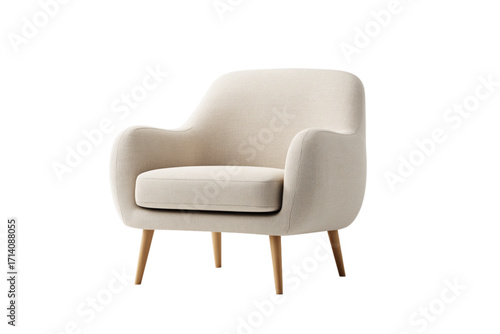 Modern armchair with soft fabric and wooden legs in neutral tone  on a white transparent background