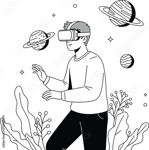 Man using vr headset surrounded by planets and plants drawing