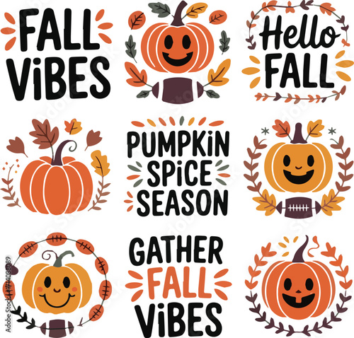 Collection of nine fall themed graphic illustrations with pumpkins and text autumn