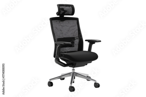Modern ergonomic office chair with mesh back and adjustable headrest  on a white transparent background
