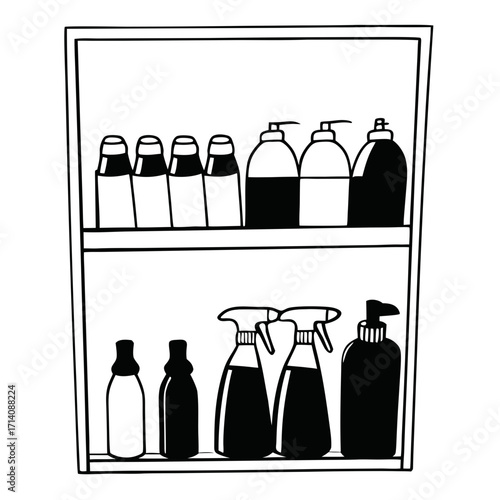 Cleaning supplies arranged on a shelf in minimalist style. Shelf with cleaners   