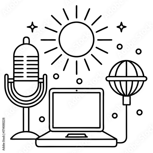Minimilist illustration of podcasting setup with laptop microphone sun and stars in black and white line art style vector