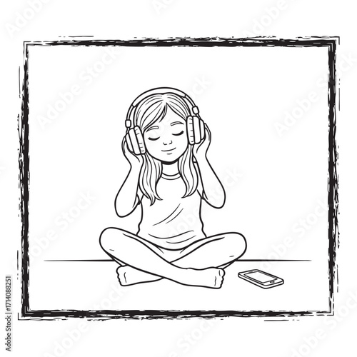 Cute Girl with Headphones Listening to Music – Peaceful and Relaxing Activity Colouring Page