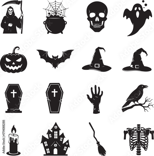 Collection of halloween icons featuring grim reaper pumpkin skull ghost bat witch hat coffin raven