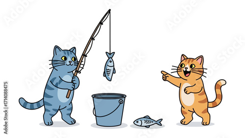 Fishing Felines: Two cartoon cats engage in a playful fishing scene, capturing the whimsical nature of their feline antics.